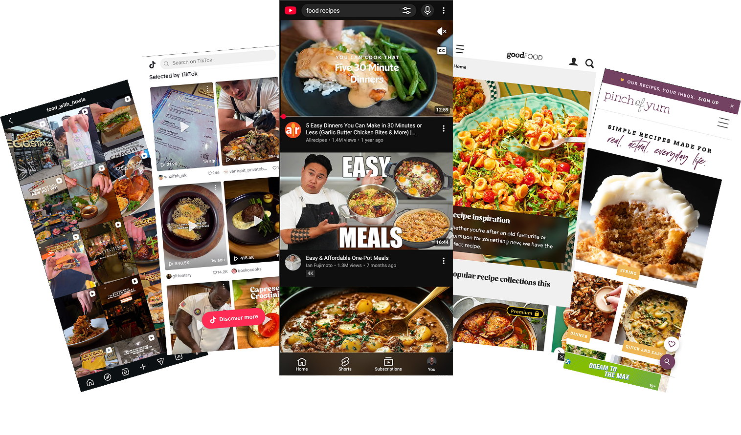 Fragmented recipe sources: Instagram, TikTok, YouTube, Good Food, and Pinch of Yum, each a separate app or site
